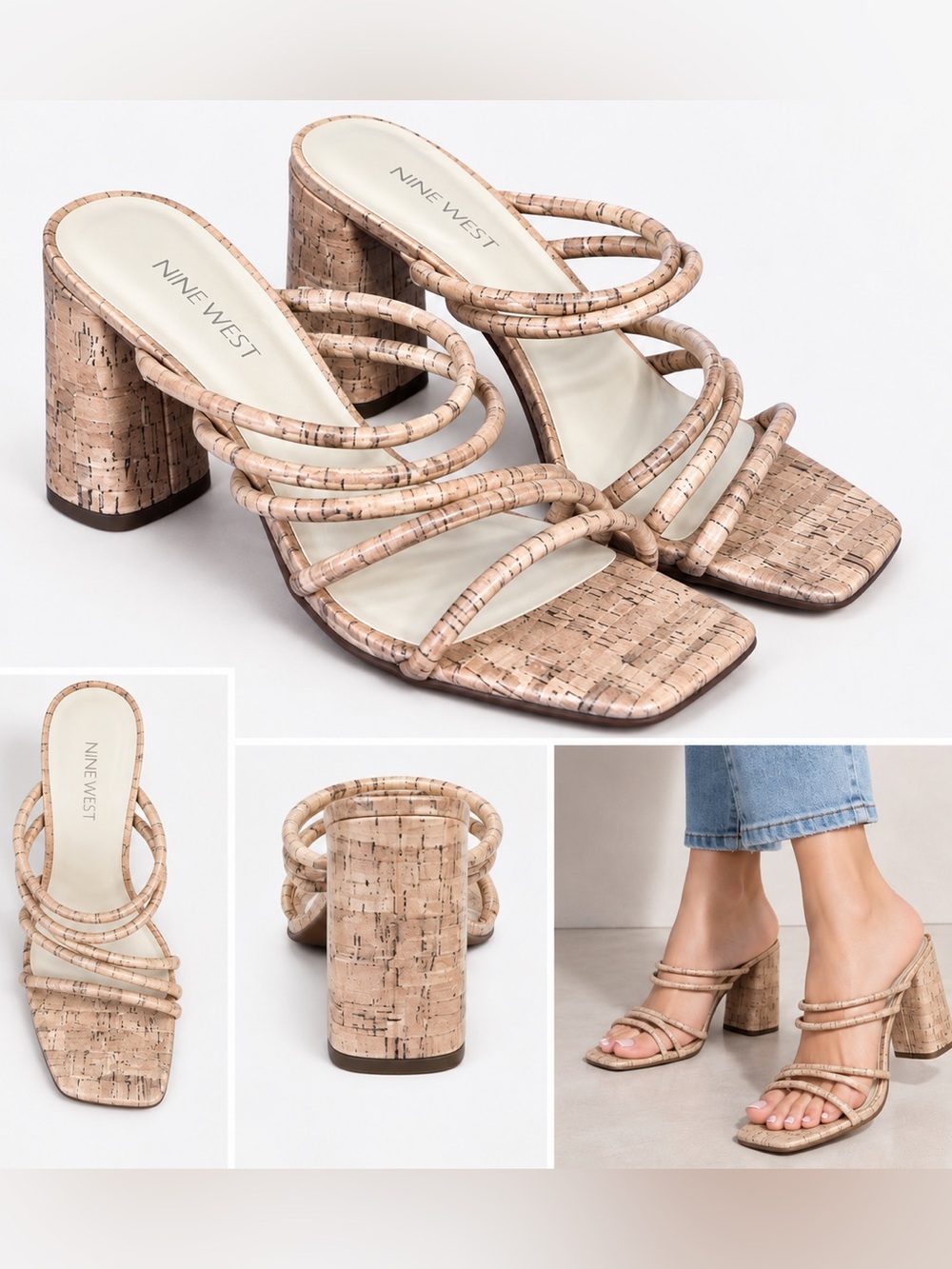Nine West Glowy Cork Strappy Block Heel Sandals Square Toe Mules Size 7M